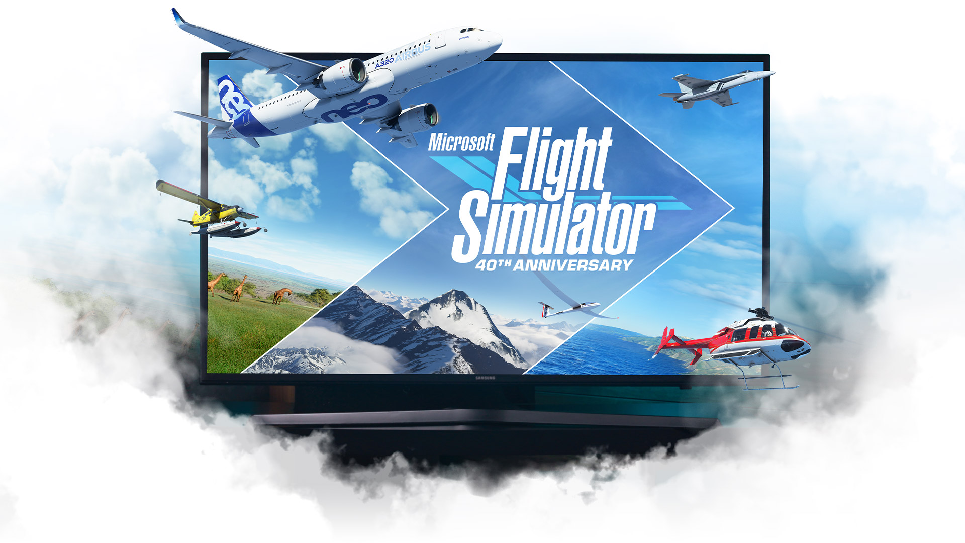 雲に囲まれたテレビから浮かび上がる『Microsoft Flight Simulator』の飛行機
