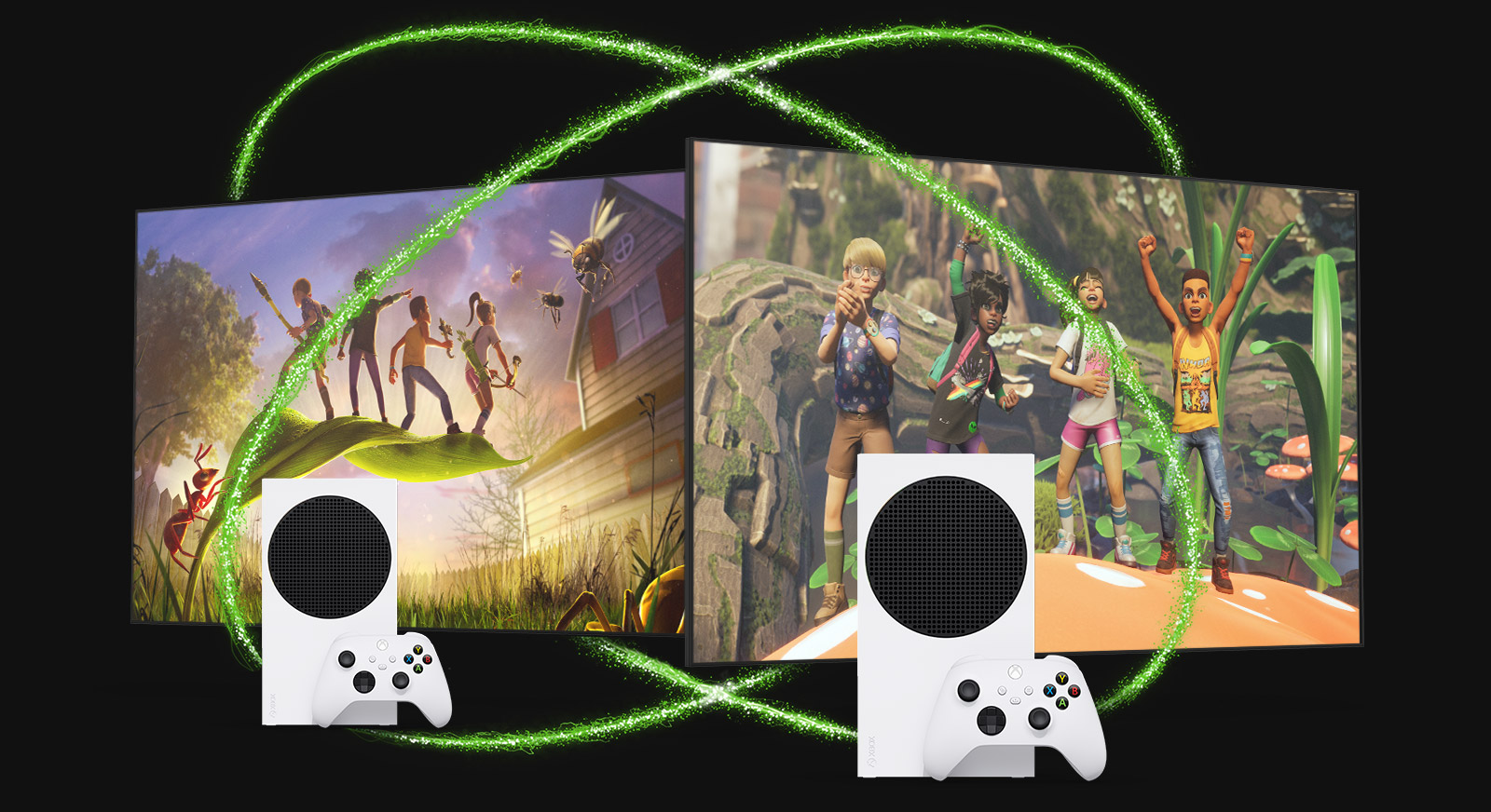 『Grounded』のゲームプレイを表示した画面の前にある 2 台の Xbox Series S コンソール