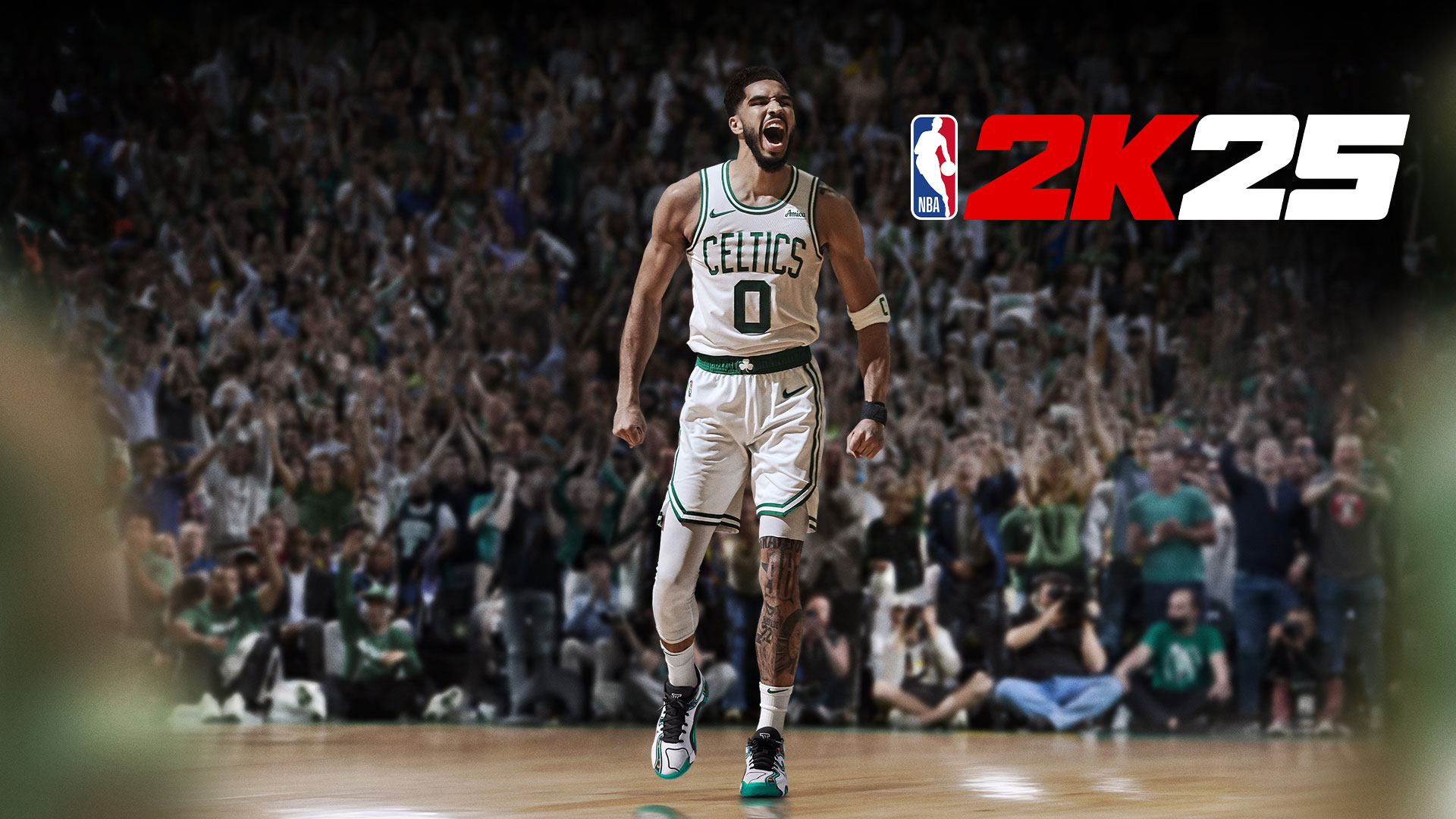 NBA 2K25 logosu. 0 numaralı Boston Celtics formasını giyen Jayson Tatum, arkasında devasa bir kalabalıkla sahada bağırıyor.
