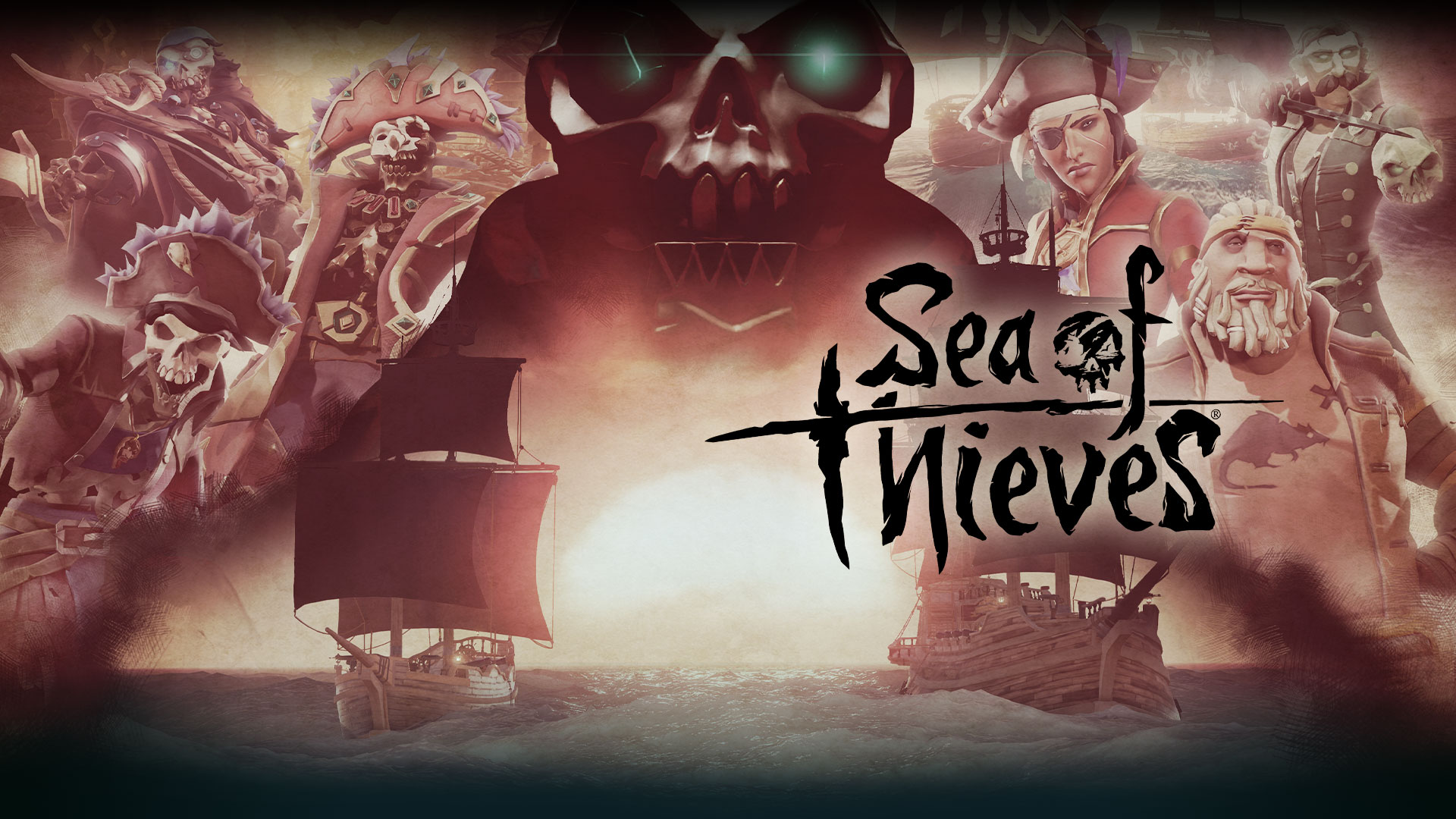 Sea of Thieves, 캐릭터 콜라주를 배경으로 두 배에 달린 커다란 해골.