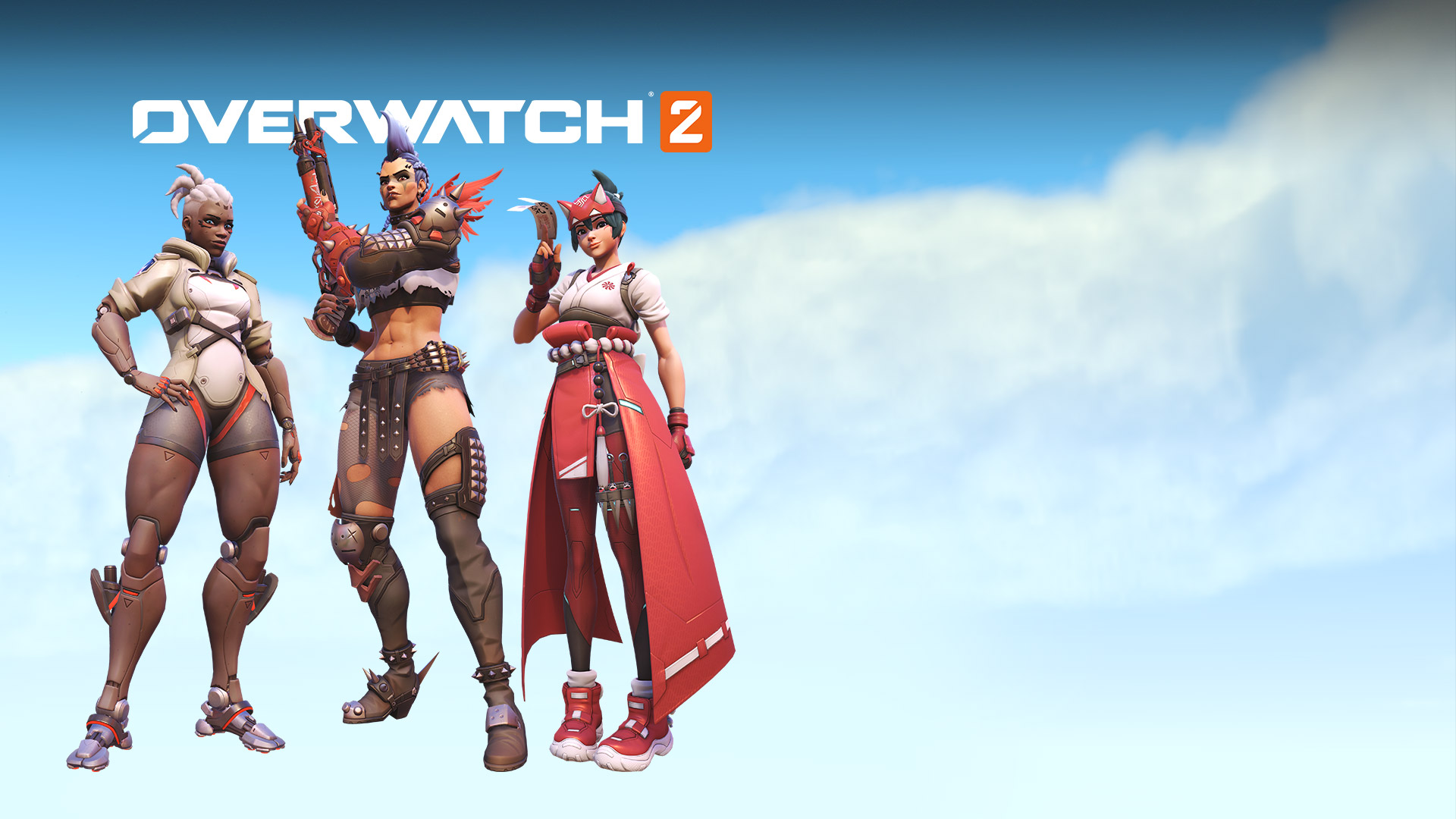 Overwatch 2, Sojourn, Junker Queen y Kiriko posados con confianza entre las nubes.