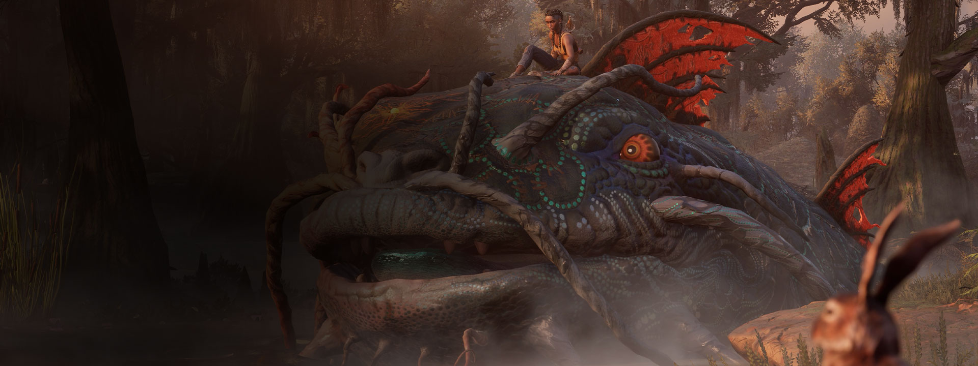 A giant catfish swimming through a swamp with Hazel riding on their back.
