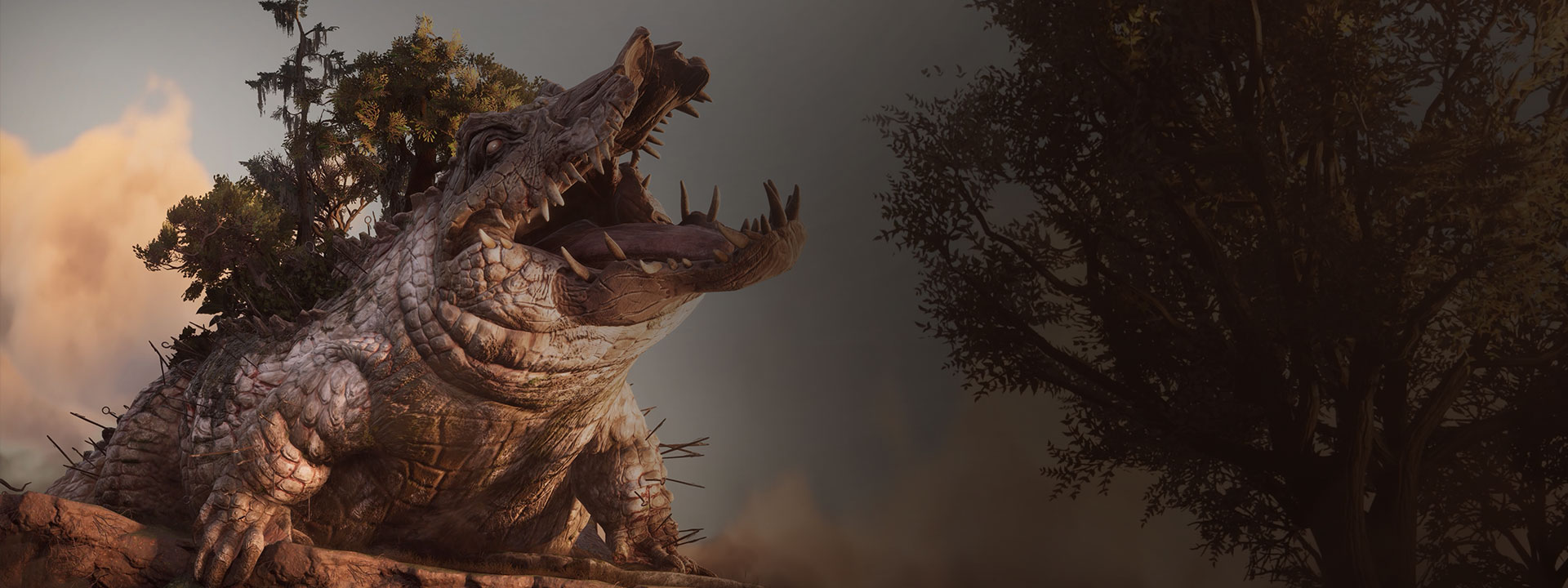 A giant alligator bearing its mouth open.