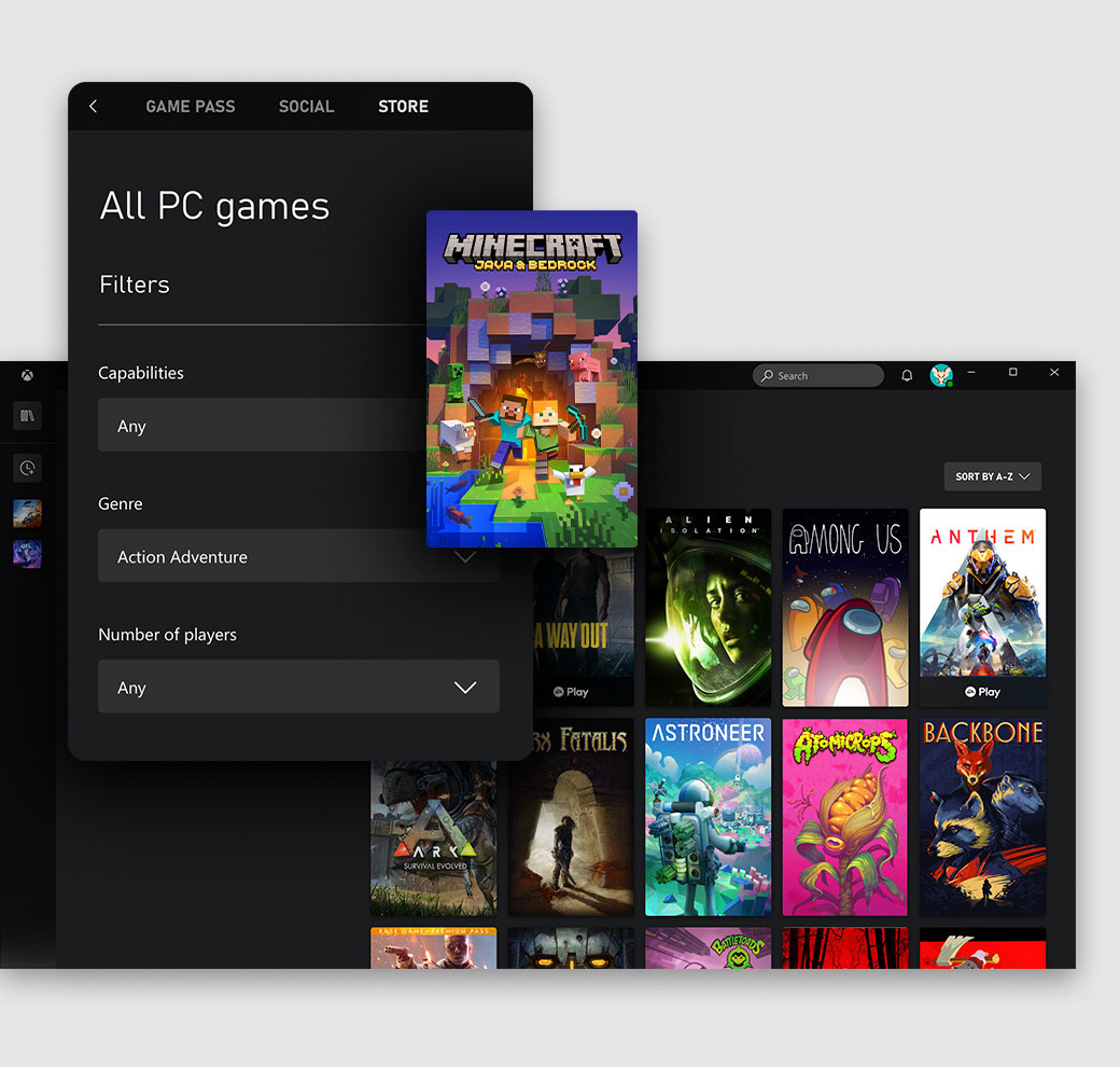 Antarmuka pengguna aplikasi Xbox di PC Windows menampilkan tab toko