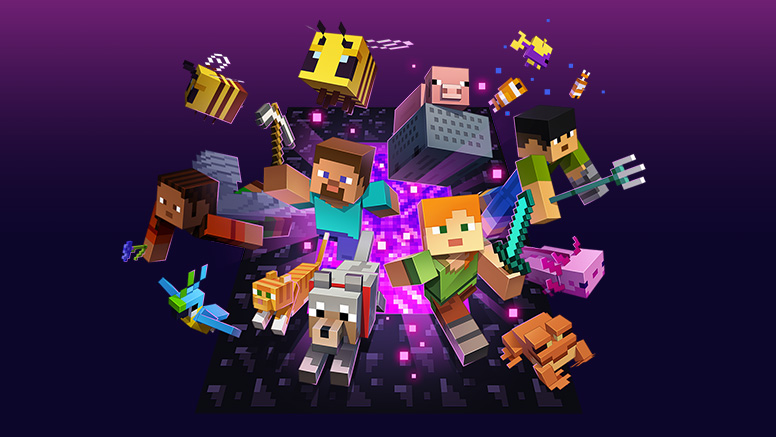 Steve, Alex ve çeşitli Minecraft mobları bir Nether portalından dışarı fırlıyor.